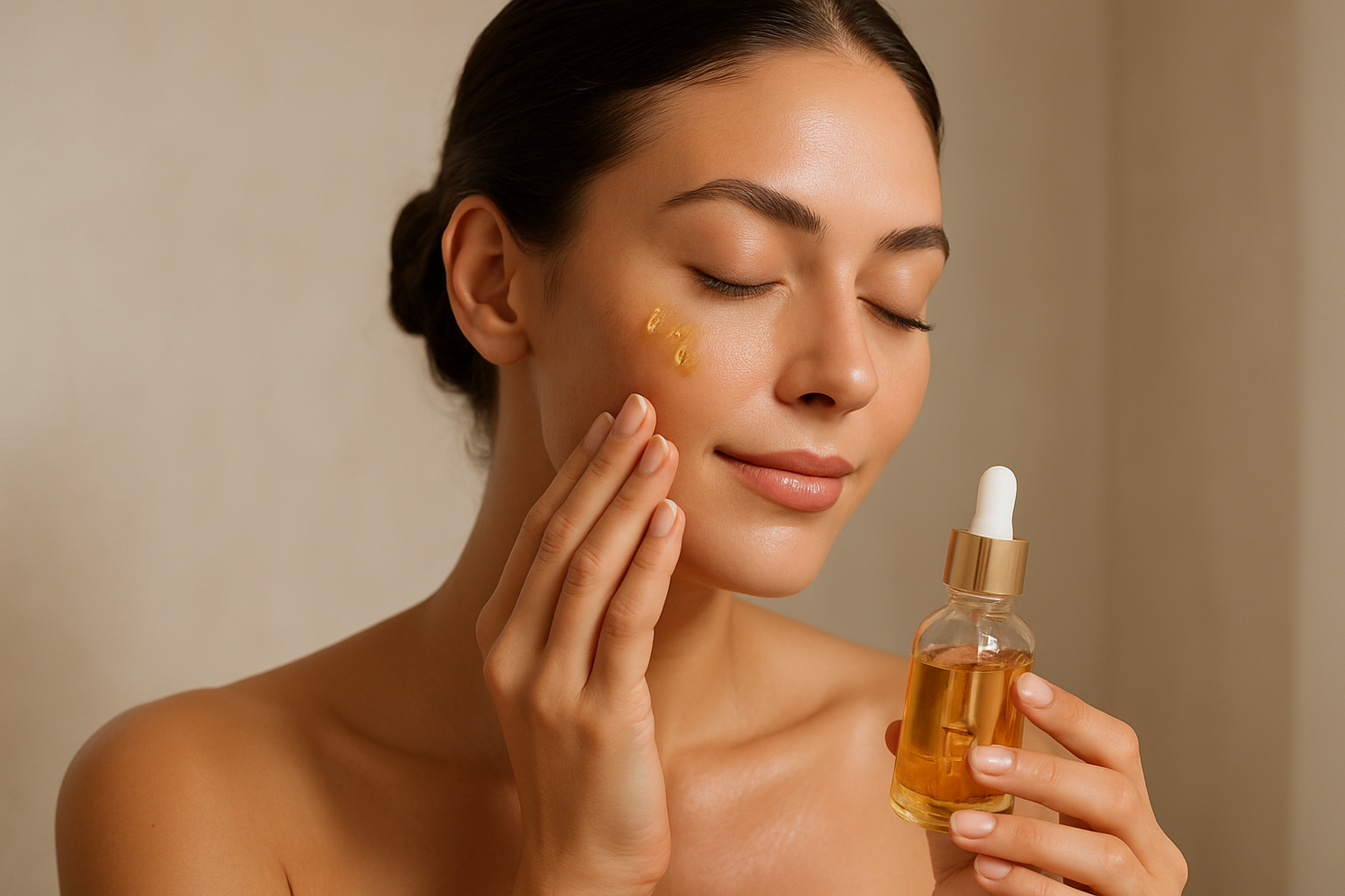 Beautiful woman applying face serum